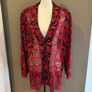 MaxiMa Red Floral Sheer Embroidered Sparkle Jacket Button Up, Size 1X